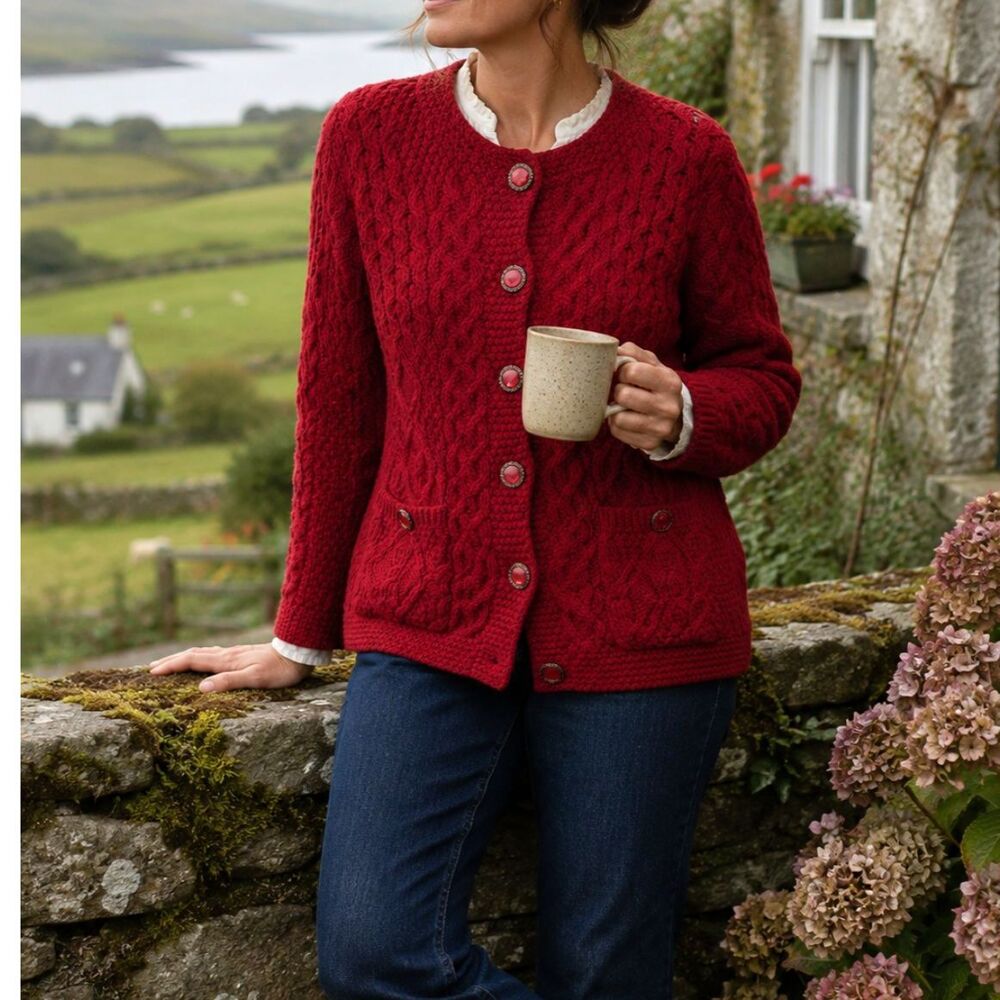 Vintage Aran Crafts Irish Merino Wool Cardigan Red Cable Knit Fisherman Heritage